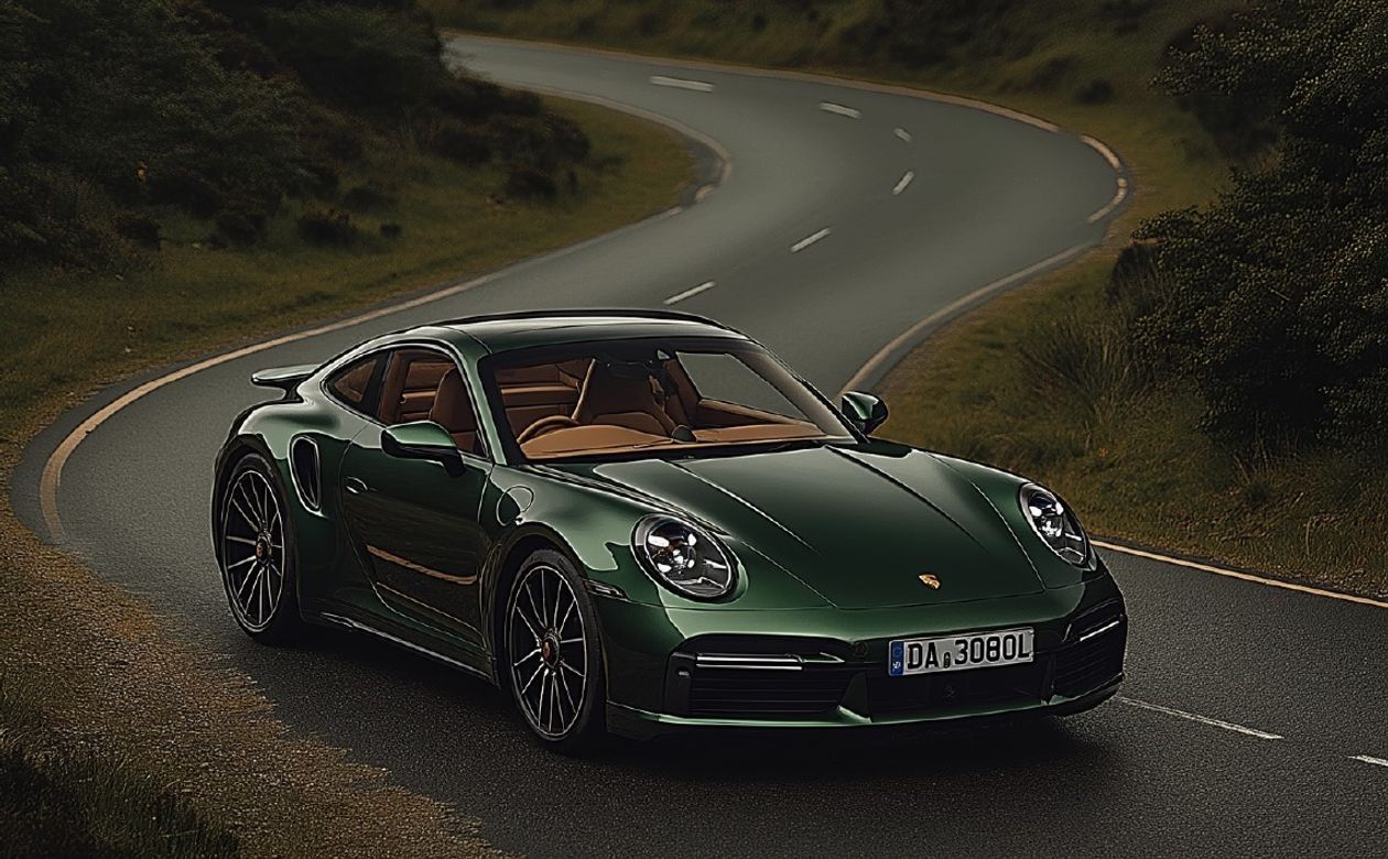 Shiny green Porsche on road
